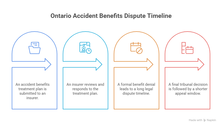 Timeline showing the Ontario accident benefits dispute process from treatment plan submission to tribunal decision 