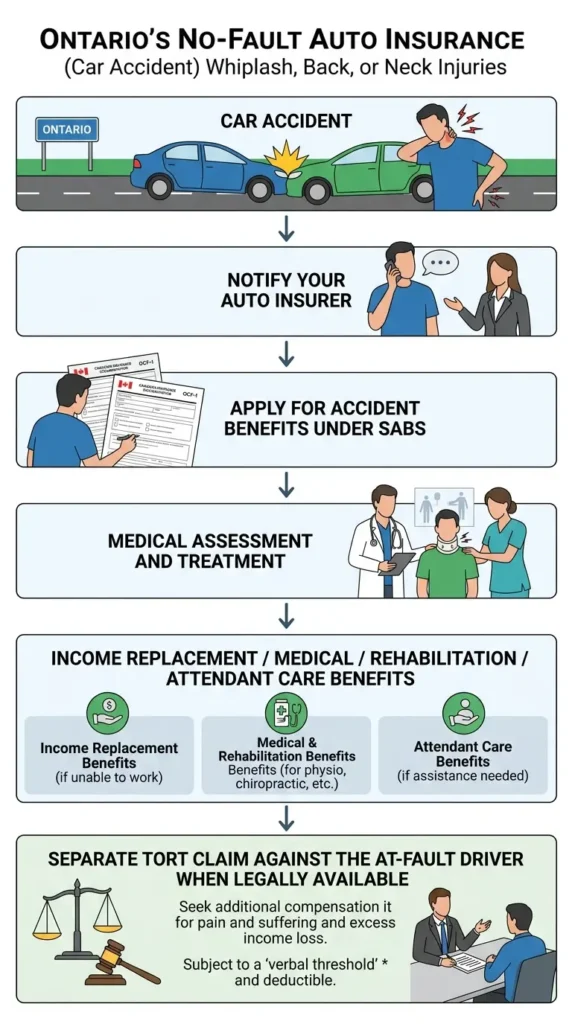 Ontario no fault auto insurance process flowchart for whiplash back and neck injuries from car accidents