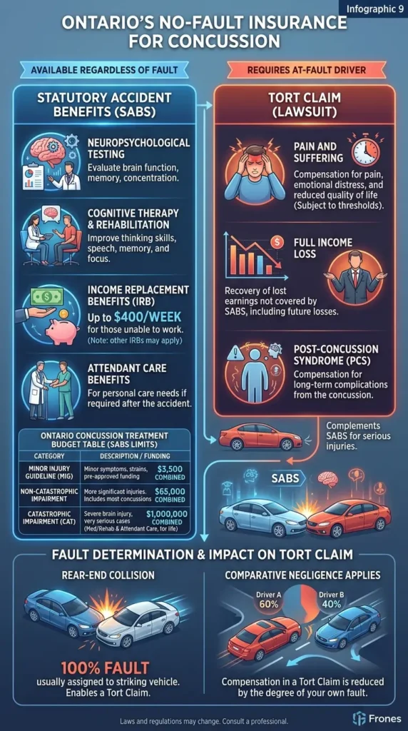 Ontario no-fault insurance for concussion infographic comparing SABS statutory accident benefits and tort claim lawsuit with treatment budget table and fault determination rules