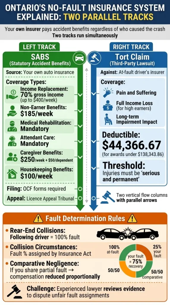 Ontario no-fault insurance system explained two parallel tracks showing SABS statutory accident benefits and tort claim third-party lawsuit coverage types and fault determination rules