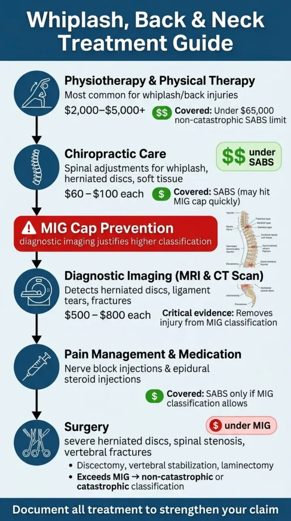 Whiplash back and neck treatment guide flowchart showing physiotherapy chiropractic diagnostic imaging pain management and surgery options with SABS coverage details