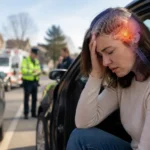 Woman experiencing concussion symptoms after a car accident with headache and head pain