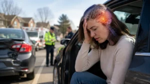 Woman experiencing concussion symptoms after a car accident with headache and head pain