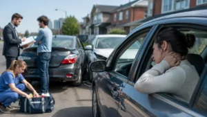 Woman experiencing neck pain after a car accident while receiving medical and legal support