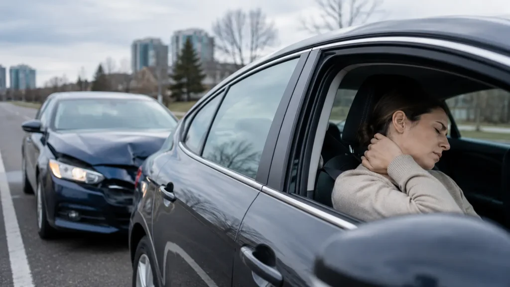 Woman experiencing neck pain after a rear-end car accident caused by whiplash
