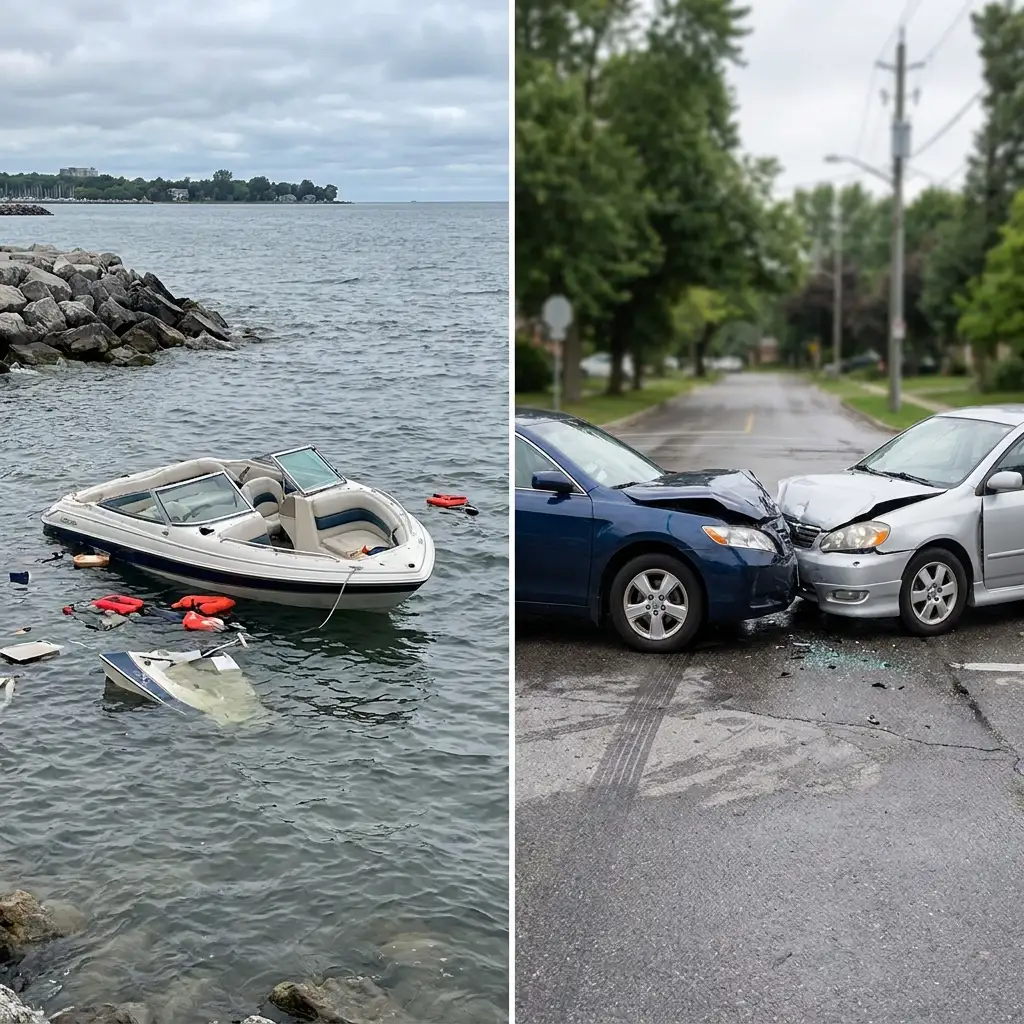 Boating and car accident scenes illustrating different types of injury claims