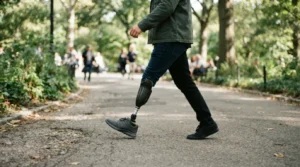 Person walking outdoors with a prosthetic leg after an amputation injury in Ontario
