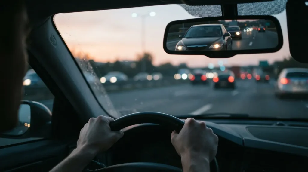 Driver's view in a car mirror showing a vehicle following closely on an Ontario highway, illustrating a road rage incident