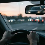 Driver's view in a car mirror showing a vehicle following closely on an Ontario highway, illustrating a road rage incident