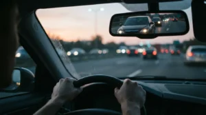 Driver's view in a car mirror showing a vehicle following closely on an Ontario highway, illustrating a road rage incident